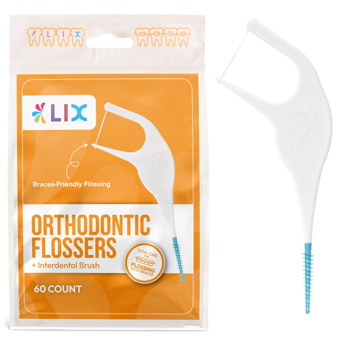 LIX Orthodontic Flosser with Interdental Brush - 60 per Bag