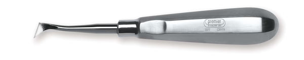 Dental elevator tool with a metallic handle and a sharp, angled tip.