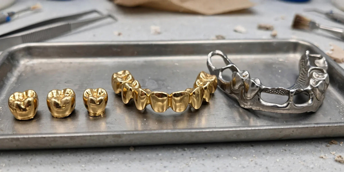 Dental lab tray displaying three gold crowns, a gold dental bridge, and a silver metal bridge, suggesting skilled restorative work.