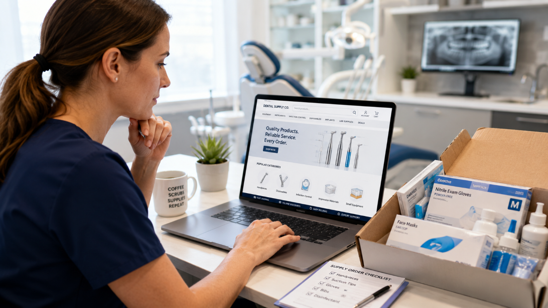 Dental office manager ordering dental products online from a laptop