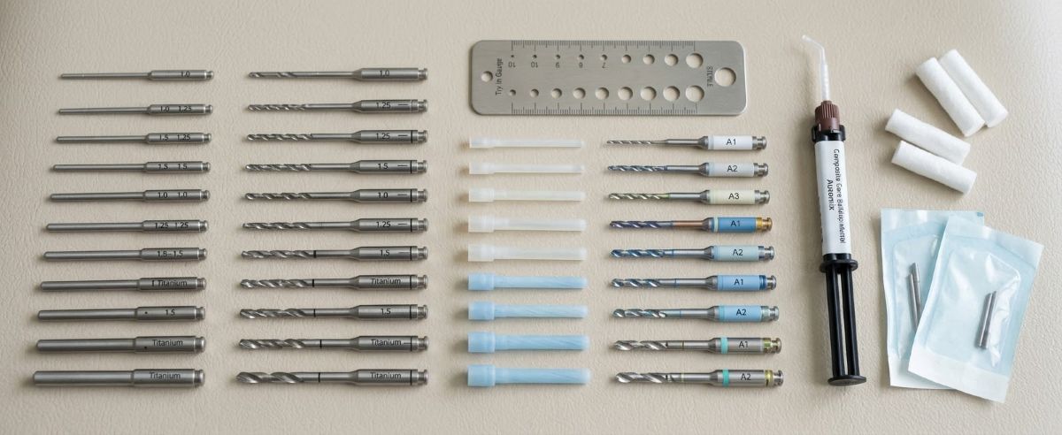 Organized display of metal and fiber dental pins and posts alongside matching drill bits