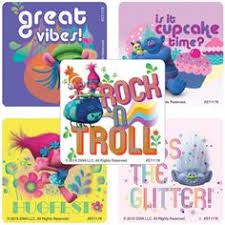 Stickers - Dreamworks Trolls(100 Pk.) 5 Designs, 2-1/2"  X 2-1/2"  Square