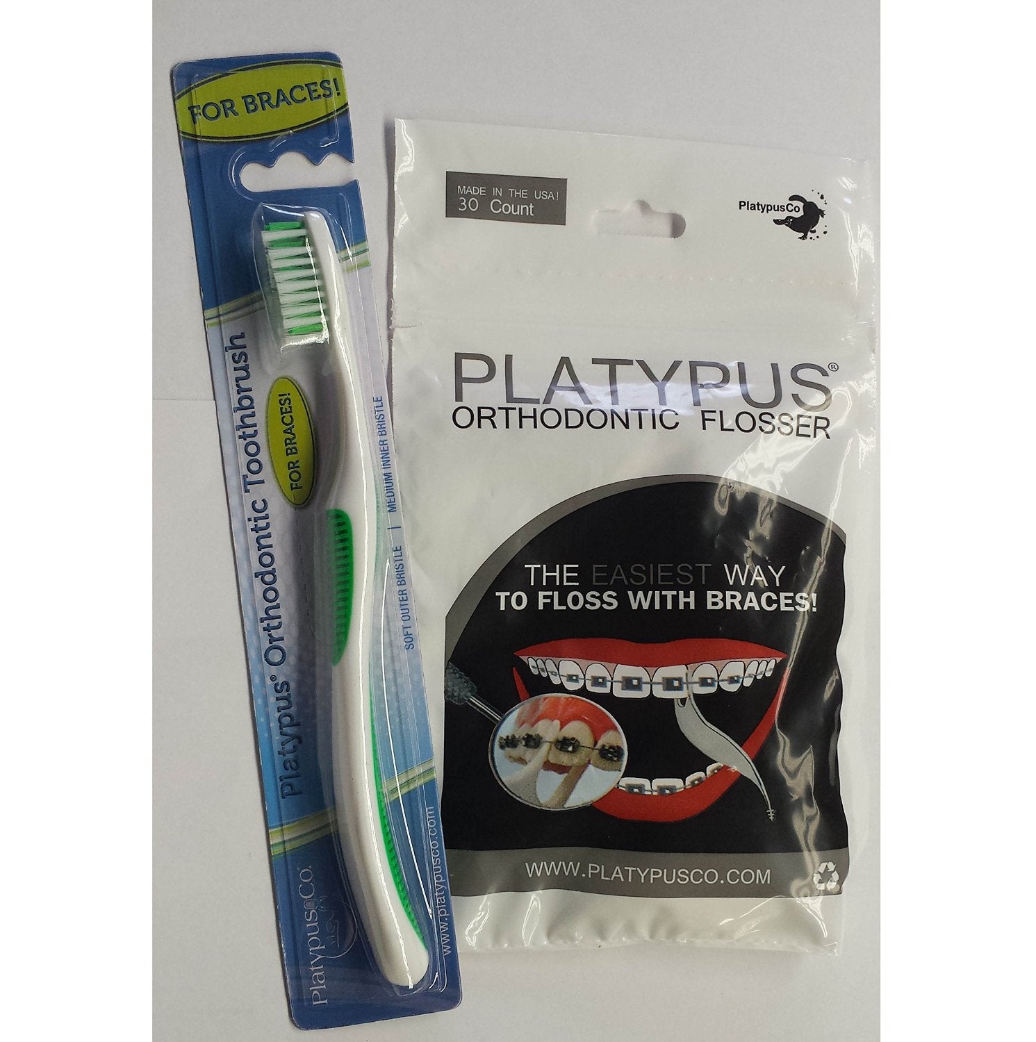 Platypus Combo - Ortho Flosser for Braces (30) and Toothbrush
