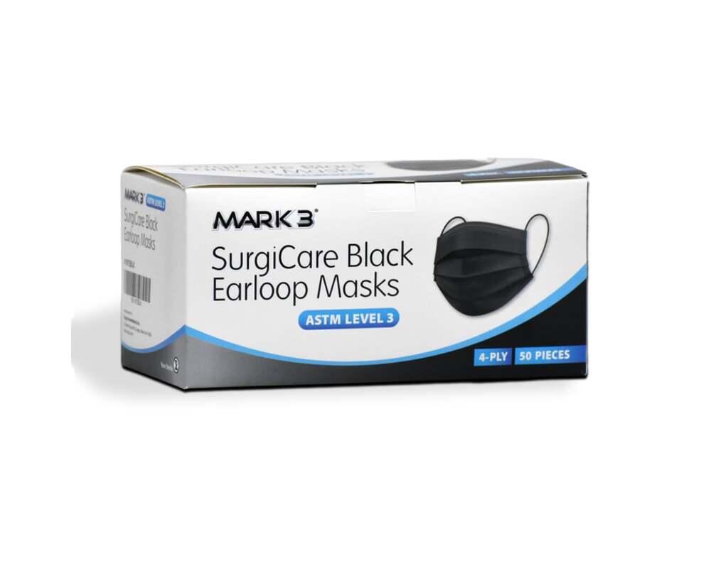 100-1973BLK	SurgiCare Earloop Face Masks Black Level 3 4ply 50/bx. - MARK3®*