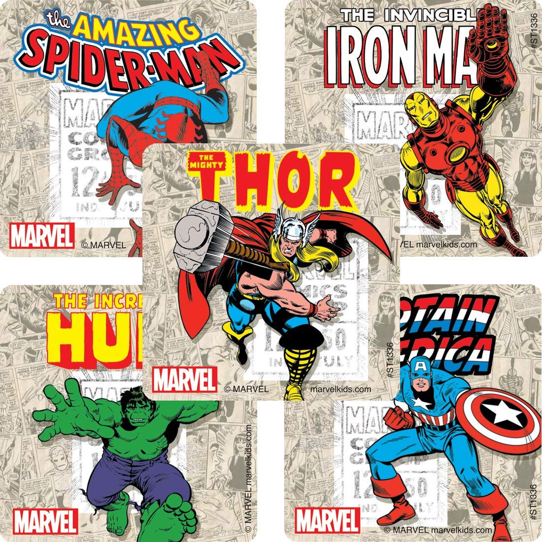 Stickers - Marvel Comics(100 Pk.) 5 Designs, 2-1/2"  X 2-1/2"  Square
